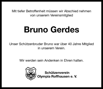 Traueranzeige von Bruno Gerdes von Wilhelmshavener Zeitung