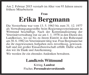 Traueranzeige von Erika Bergmann von Rhein-Zeitung