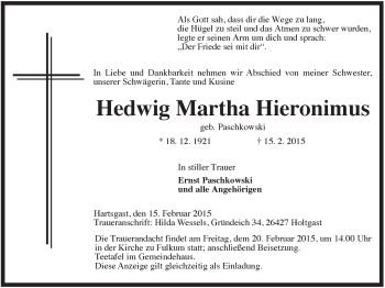 Traueranzeige von Hedwig Martha Hieronimus von Rhein-Zeitung