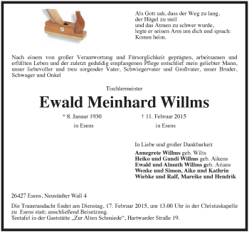 Traueranzeige von Ewald Meinhard Willms von Rhein-Zeitung