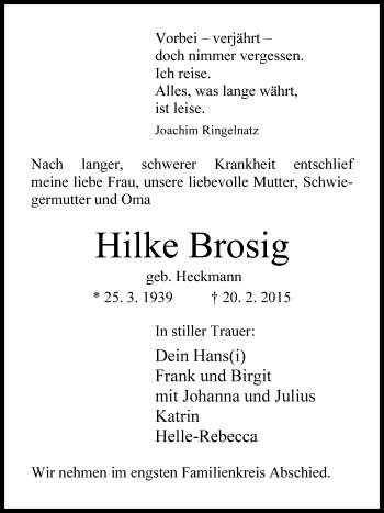 Traueranzeige von Hilke Brosig von Wilhelmshavener Zeitung