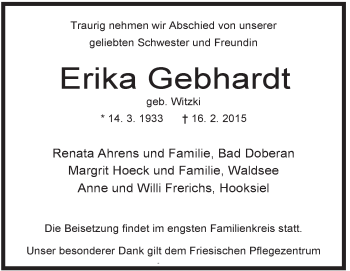 Traueranzeige von Erika Gebhardt von Jeversches Wochenblatt