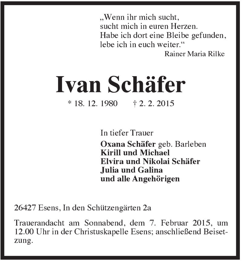  Traueranzeige für Ivan Schäfer vom 04.02.2015 aus Rhein-Zeitung