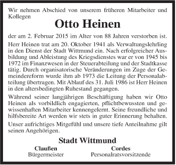 Traueranzeige von Otto Heinen von Rhein-Zeitung