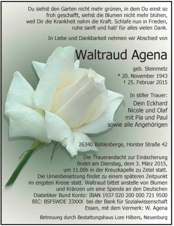 Traueranzeige von Waltraud Agena von Rhein-Zeitung