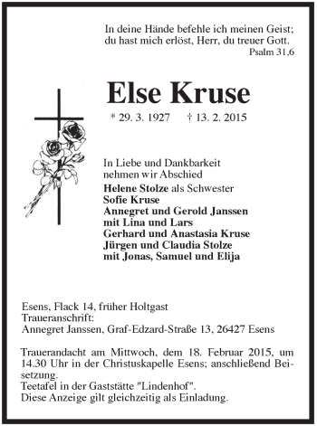Traueranzeige von Else Kruse von Rhein-Zeitung