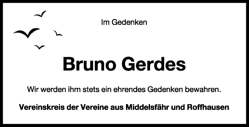  Traueranzeige für Bruno Gerdes vom 17.02.2015 aus Wilhelmshavener Zeitung