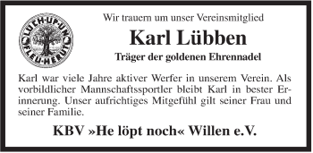 Traueranzeige von Karl Lübben von Rhein-Zeitung