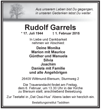 Traueranzeige von Rudolf Garrels von Rhein-Zeitung