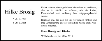 Traueranzeige von Hilke Brosig von Wilhelmshavener Zeitung