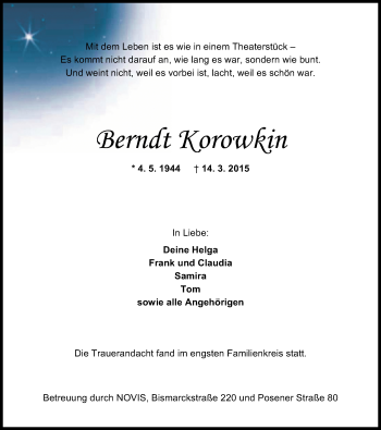 Traueranzeige von Berndt Korowkin von Wilhelmshavener Zeitung