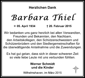 Traueranzeige von Barbara Thiel von Wilhelmshavener Zeitung