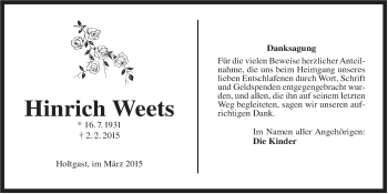 Traueranzeige von Hinrich Weets von Rhein-Zeitung