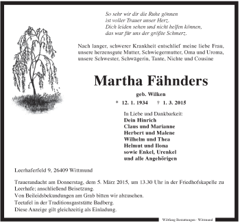 Traueranzeige von Martha Fähnders von Rhein-Zeitung
