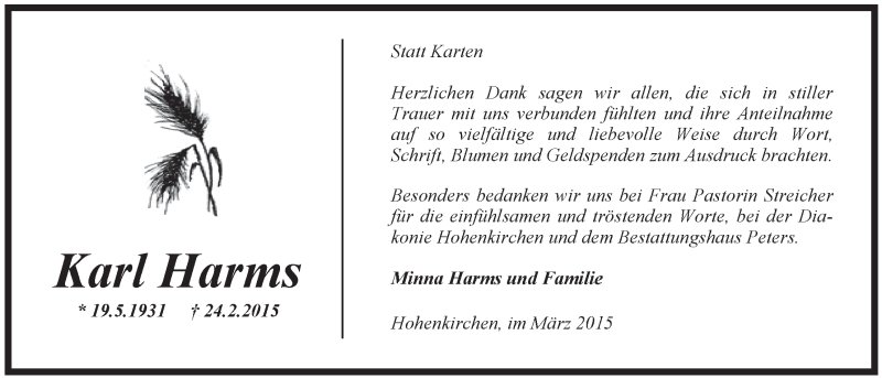  Traueranzeige für Karl Harms vom 28.03.2015 aus Jeversches Wochenblatt