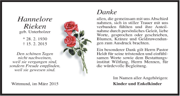 Traueranzeige von Hannelore Rieken von Rhein-Zeitung