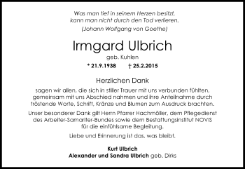 Traueranzeige von Irmgard Ulbrich von Wilhelmshavener Zeitung