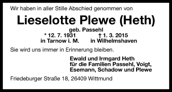 Traueranzeige von Lieselotte Plewe von Wilhelmshavener Zeitung