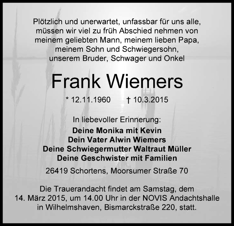  Traueranzeige für Frank Wiemers vom 12.03.2015 aus Wilhelmshavener Zeitung