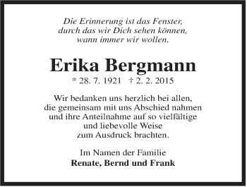 Traueranzeige von Erika Bergmann von Rhein-Zeitung