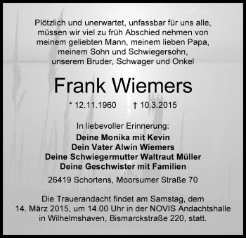 Traueranzeige von Frank Wiemers von Wilhelmshavener Zeitung