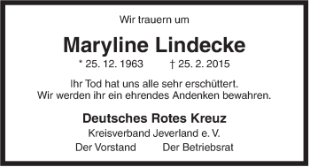 Traueranzeige von Maryline Lindecke von Jeversches Wochenblatt
