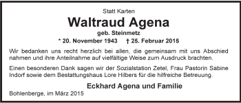 Traueranzeige von Waltraud Agena von Rhein-Zeitung