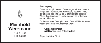 Traueranzeige von Meinhold Weermann von Rhein-Zeitung