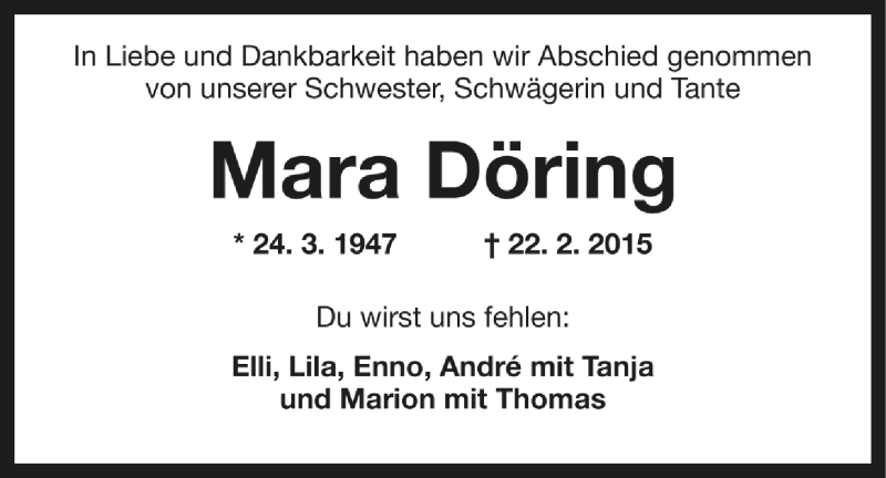  Traueranzeige für Mara Döring vom 09.03.2015 aus Wilhelmshavener Zeitung
