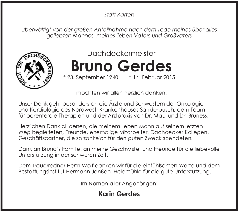  Traueranzeige für Bruno Gerdes vom 07.03.2015 aus Jeversches Wochenblatt