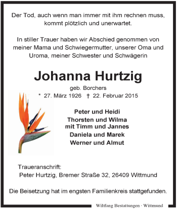 Traueranzeige von Johanna Hurtzig von Rhein-Zeitung