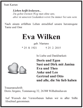 Traueranzeige von Eva Wilken von Jeversches Wochenblatt