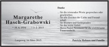 Traueranzeige von Margarethe Hasch-Grabowski von Rhein-Zeitung