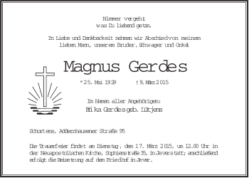 Traueranzeige von Magnus Gerdes von Jeversches Wochenblatt