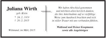 Traueranzeige von Juliana Wirth von Rhein-Zeitung