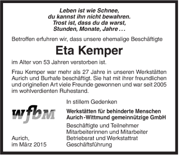 Traueranzeige von Eta Kemper von Rhein-Zeitung