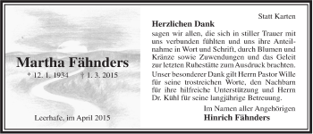 Traueranzeige von Martha Fähnders von Rhein-Zeitung