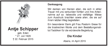 Traueranzeige von Antje Schipper von Rhein-Zeitung