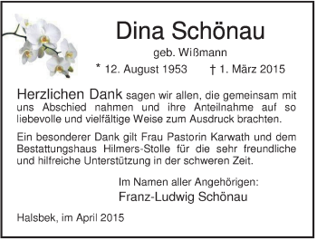 Traueranzeige von Dina Schönau von Rhein-Zeitung