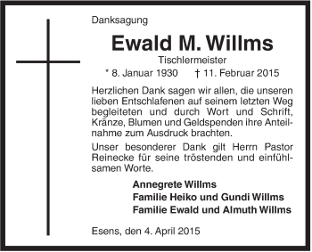 Traueranzeige von Ewald Meinhard Willms von Rhein-Zeitung
