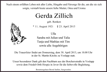 Traueranzeige von Gerda Zillich von Wilhelmshavener Zeitung