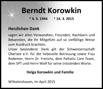 Traueranzeige von Berndt Korowkin von Wilhelmshavener Zeitung