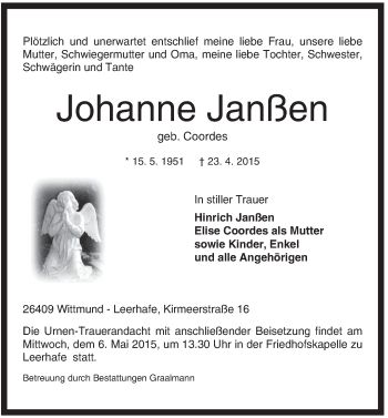 Traueranzeige von Johanne Janßen von Rhein-Zeitung