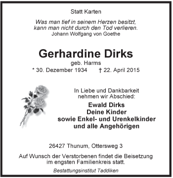 Traueranzeige von Gerhardine Dirks von Rhein-Zeitung