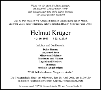 Traueranzeige von Helmut Krüger von Wilhelmshavener Zeitung