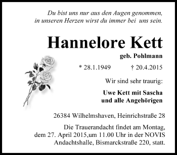 Traueranzeige von Hannelore Kett von Wilhelmshavener Zeitung