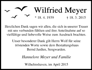 Traueranzeige von Wilfried Meyer von Wilhelmshavener Zeitung