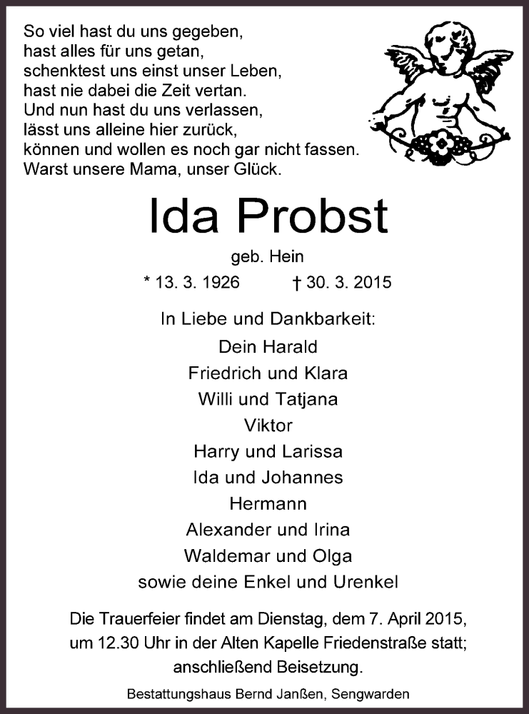  Traueranzeige für Ida Probst vom 01.04.2015 aus Wilhelmshavener Zeitung