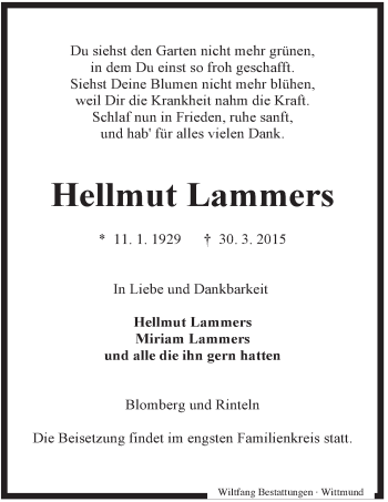Traueranzeige von Hellmut Lammers von Rhein-Zeitung