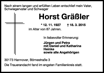 Traueranzeige von Horst Gräßler von Wilhelmshavener Zeitung